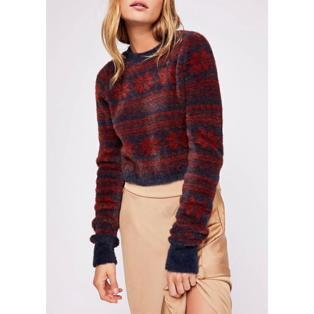 NWOT‎ FREE PEOPLE FP ONE Sz S CROPPED FUZZY FAIRISLE PULLOVER SWEATER NAVY COMBO